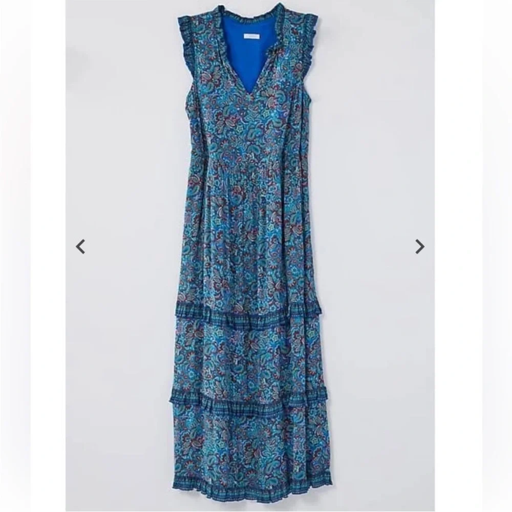 EUC J Jill blue/teal paisley dress. Size Small. Ruffles. Lightweight and flowy - Picture 1 of 12